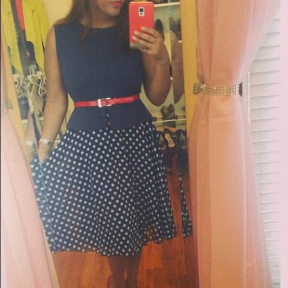 Navy blue dress with white polka dots